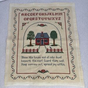Vintage Cross Stitch Tapestry Canvas Cottage Garden Blessing‎ Hand Embroidery